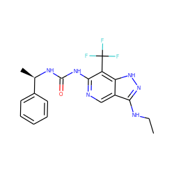 CCNc1n[nH]c2c(C(F)(F)F)c(NC(=O)N[C@H](C)c3ccccc3)ncc12 ZINC000210731294