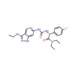 CCNc1n[nH]c2cc(NC(=O)N[C@@H](C(=O)N(CC)CC)c3ccc(F)cc3)ncc12 ZINC001772649607