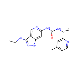 CCNc1n[nH]c2cc(NC(=O)N[C@H](C)c3cc(C)ccn3)ncc12 ZINC001772598129