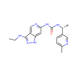 CCNc1n[nH]c2cc(NC(=O)N[C@H](C)c3ccc(C)nc3)ncc12 ZINC001772656396