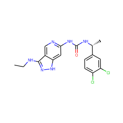 CCNc1n[nH]c2cc(NC(=O)N[C@H](C)c3ccc(Cl)c(Cl)c3)ncc12 ZINC001772586774