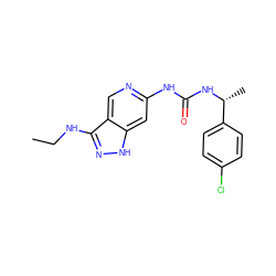 CCNc1n[nH]c2cc(NC(=O)N[C@H](C)c3ccc(Cl)cc3)ncc12 ZINC001772588060