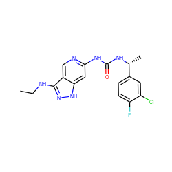 CCNc1n[nH]c2cc(NC(=O)N[C@H](C)c3ccc(F)c(Cl)c3)ncc12 ZINC001772627716