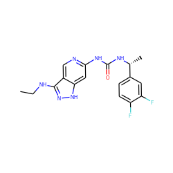 CCNc1n[nH]c2cc(NC(=O)N[C@H](C)c3ccc(F)c(F)c3)ncc12 ZINC001772649260