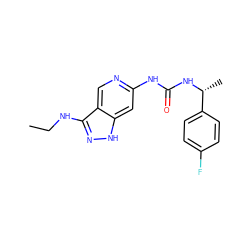 CCNc1n[nH]c2cc(NC(=O)N[C@H](C)c3ccc(F)cc3)ncc12 ZINC001772636955