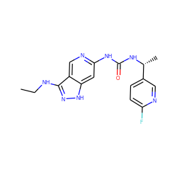 CCNc1n[nH]c2cc(NC(=O)N[C@H](C)c3ccc(F)nc3)ncc12 ZINC001772612551