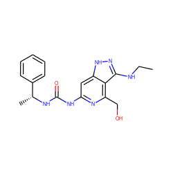 CCNc1n[nH]c2cc(NC(=O)N[C@H](C)c3ccccc3)nc(CO)c12 ZINC000210799259