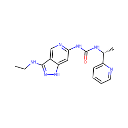 CCNc1n[nH]c2cc(NC(=O)N[C@H](C)c3ccccn3)ncc12 ZINC000210699143