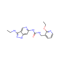 CCNc1n[nH]c2cc(NC(=O)NCc3cccnc3OCC)ncc12 ZINC001772579795