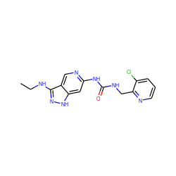 CCNc1n[nH]c2cc(NC(=O)NCc3ncccc3Cl)ncc12 ZINC001772643550