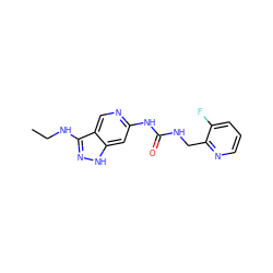 CCNc1n[nH]c2cc(NC(=O)NCc3ncccc3F)ncc12 ZINC001772629648