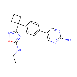 CCNc1nc(C2(c3ccc(-c4cnc(N)nc4)cc3)CCC2)no1 ZINC000114462456