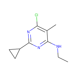 CCNc1nc(C2CC2)nc(Cl)c1C ZINC000087917494