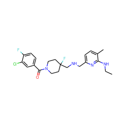 CCNc1nc(CNCC2(F)CCN(C(=O)c3ccc(F)c(Cl)c3)CC2)ccc1C ZINC000013797300