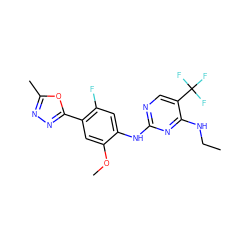 CCNc1nc(Nc2cc(F)c(-c3nnc(C)o3)cc2OC)ncc1C(F)(F)F ZINC000169704346