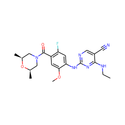 CCNc1nc(Nc2cc(F)c(C(=O)N3C[C@H](C)O[C@H](C)C3)cc2OC)ncc1C#N ZINC000169705204