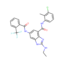 CCNc1nc2c(C(=O)Nc3cccc(Cl)c3C)cc(NC(=O)c3ccccc3C(F)(F)F)cc2[nH]1 ZINC000220354353