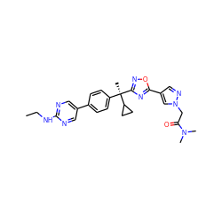 CCNc1ncc(-c2ccc([C@@](C)(c3noc(-c4cnn(CC(=O)N(C)C)c4)n3)C3CC3)cc2)cn1 ZINC000200229213