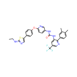 CCNc1ncc(-c2ccc(Oc3ccc(NC(=O)Nc4cc(C(F)(F)F)cnc4-c4ccc(C)c(C)c4)cn3)cc2)s1 ZINC000143879452