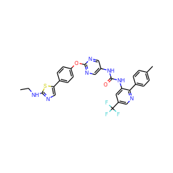 CCNc1ncc(-c2ccc(Oc3ncc(NC(=O)Nc4cc(C(F)(F)F)cnc4-c4ccc(C)cc4)cn3)cc2)s1 ZINC001772623401