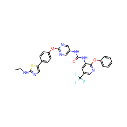 CCNc1ncc(-c2ccc(Oc3ncc(NC(=O)Nc4cc(C(F)(F)F)cnc4Oc4ccccc4)cn3)cc2)s1 ZINC000143854002