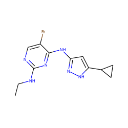 CCNc1ncc(Br)c(Nc2cc(C3CC3)[nH]n2)n1 ZINC000203006376