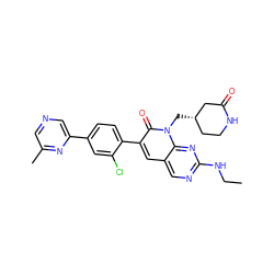 CCNc1ncc2cc(-c3ccc(-c4cncc(C)n4)cc3Cl)c(=O)n(C[C@H]3CCNC(=O)C3)c2n1 ZINC000653709114