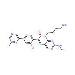 CCNc1ncc2cc(-c3ccc(-c4cncc(C)n4)cc3Cl)c(=O)n(CCCCN)c2n1 ZINC000223247805