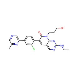 CCNc1ncc2cc(-c3ccc(-c4cncc(C)n4)cc3Cl)c(=O)n(CCCO)c2n1 ZINC000653709117