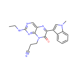 CCNc1ncc2nc(-c3cn(C)c4ccccc34)c(=O)n(CCC#N)c2n1 ZINC000004239052