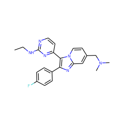 CCNc1nccc(-c2c(-c3ccc(F)cc3)nc3cc(CN(C)C)ccn23)n1 ZINC000028963440