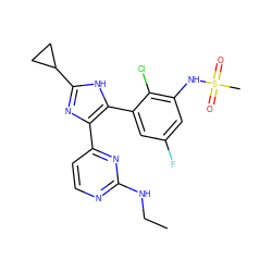 CCNc1nccc(-c2nc(C3CC3)[nH]c2-c2cc(F)cc(NS(C)(=O)=O)c2Cl)n1 ZINC000096174555