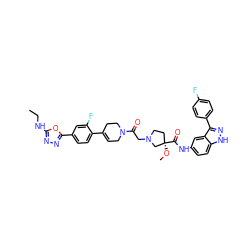 CCNc1nnc(-c2ccc(C3=CCN(C(=O)CN4CC[C@@](OC)(C(=O)Nc5ccc6[nH]nc(-c7ccc(F)cc7)c6c5)C4)CC3)c(F)c2)o1 ZINC000165581014