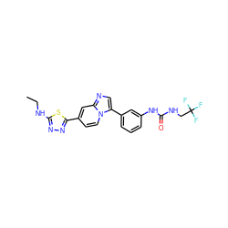 CCNc1nnc(-c2ccn3c(-c4cccc(NC(=O)NCC(F)(F)F)c4)cnc3c2)s1 ZINC000169704728