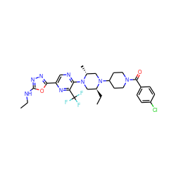 CCNc1nnc(-c2cnc(N3C[C@H](CC)N(C4CCN(C(=O)c5ccc(Cl)cc5)CC4)C[C@H]3C)c(C(F)(F)F)n2)o1 ZINC000103266237