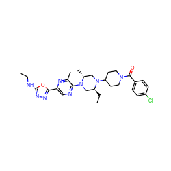 CCNc1nnc(-c2cnc(N3C[C@H](CC)N(C4CCN(C(=O)c5ccc(Cl)cc5)CC4)C[C@H]3C)c(C)n2)o1 ZINC000103266235