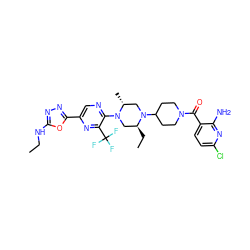 CCNc1nnc(-c2cnc(N3C[C@H](CC)N(C4CCN(C(=O)c5ccc(Cl)nc5N)CC4)C[C@H]3C)c(C(F)(F)F)n2)o1 ZINC000103266227