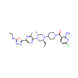 CCNc1nnc(-c2cnc(N3C[C@H](CC)N(C4CCN(C(=O)c5ccc(Cl)nc5N)CC4)C[C@H]3C)c(C)n2)o1 ZINC000103266223