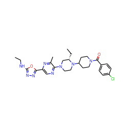 CCNc1nnc(-c2cnc(N3CCN(C4CCN(C(=O)c5ccc(Cl)cc5)CC4)[C@@H](CC)C3)c(C)n2)o1 ZINC000103266232