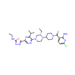 CCNc1nnc(-c2cnc(N3CCN(C4CCN(C(=O)c5ccc(Cl)nc5N)CC4)[C@@H](CC)C3)c(C(C)C)n2)o1 ZINC000103266217