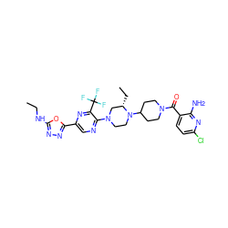 CCNc1nnc(-c2cnc(N3CCN(C4CCN(C(=O)c5ccc(Cl)nc5N)CC4)[C@@H](CC)C3)c(C(F)(F)F)n2)o1 ZINC000103266206