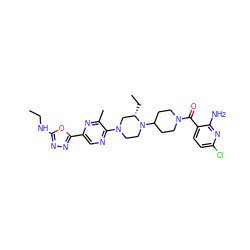 CCNc1nnc(-c2cnc(N3CCN(C4CCN(C(=O)c5ccc(Cl)nc5N)CC4)[C@@H](CC)C3)c(C)n2)o1 ZINC000103266202