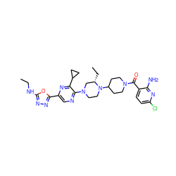 CCNc1nnc(-c2cnc(N3CCN(C4CCN(C(=O)c5ccc(Cl)nc5N)CC4)[C@@H](CC)C3)c(C3CC3)n2)o1 ZINC000103266214