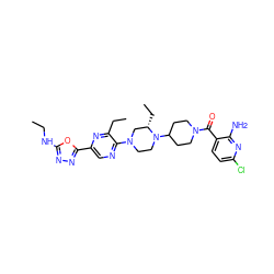 CCNc1nnc(-c2cnc(N3CCN(C4CCN(C(=O)c5ccc(Cl)nc5N)CC4)[C@@H](CC)C3)c(CC)n2)o1 ZINC000103266209