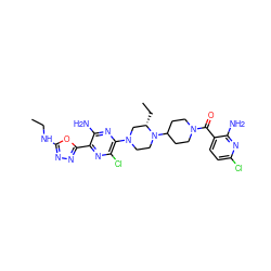 CCNc1nnc(-c2nc(Cl)c(N3CCN(C4CCN(C(=O)c5ccc(Cl)nc5N)CC4)[C@@H](CC)C3)nc2N)o1 ZINC000103266194