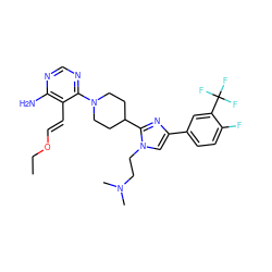 CCO/C=C/c1c(N)ncnc1N1CCC(c2nc(-c3ccc(F)c(C(F)(F)F)c3)cn2CCN(C)C)CC1 ZINC000219774577