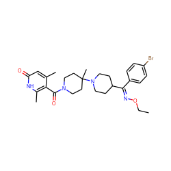 CCO/N=C(\c1ccc(Br)cc1)C1CCN(C2(C)CCN(C(=O)c3c(C)cc(=O)[nH]c3C)CC2)CC1 ZINC000026851740