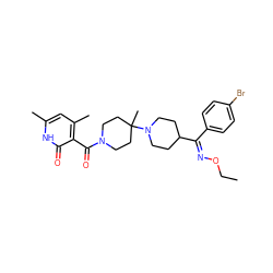 CCO/N=C(\c1ccc(Br)cc1)C1CCN(C2(C)CCN(C(=O)c3c(C)cc(C)[nH]c3=O)CC2)CC1 ZINC000026940475