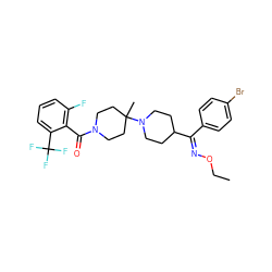 CCO/N=C(\c1ccc(Br)cc1)C1CCN(C2(C)CCN(C(=O)c3c(F)cccc3C(F)(F)F)CC2)CC1 ZINC000026939930