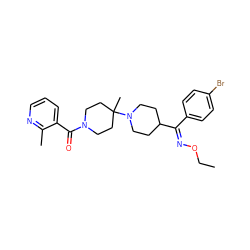 CCO/N=C(\c1ccc(Br)cc1)C1CCN(C2(C)CCN(C(=O)c3cccnc3C)CC2)CC1 ZINC000013474991